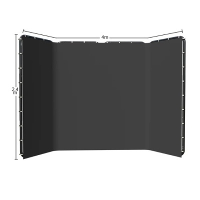Painel dobrável preto com armação metálica e medidas indicadas