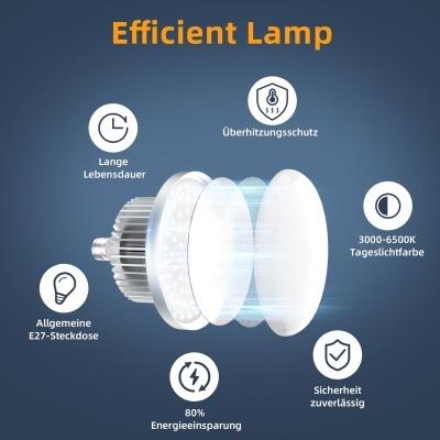 Ilustração de lâmpada eficiente com características em alemão em fundo azul