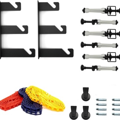 Acessórios diversos para organização incluindo ganchos, suportes e correias coloridas