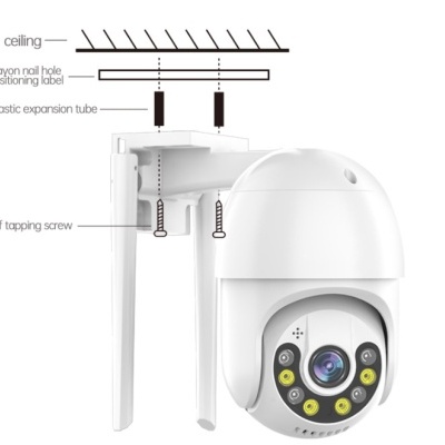 Imagem de câmara de segurança branca com suporte e indicações de montagem
