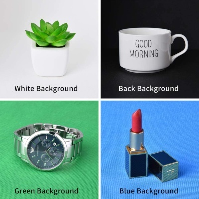 Produtos em diferentes fundos: planta, chávena, relógio e batom