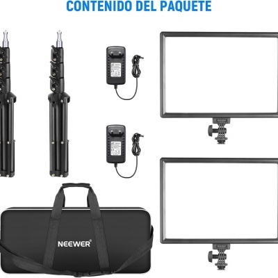 Kit de iluminação LED com tripés, fontes de alimentação e mala de transporte