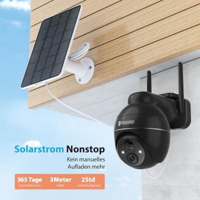 Câmara de segurança TESKAMO preta com painel solar e texto promocional em alemão