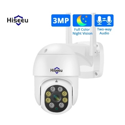 Câmara de segurança branca Hiseeu com 3MP, visão noturna e áudio bidirecional