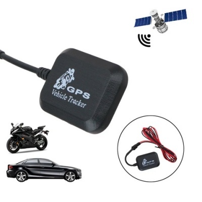 Dispositivo GPS Vehicle Tracker preto com cabo vermelho e preto, imagens de mota e carro pretos, e satélite a emitir sinal