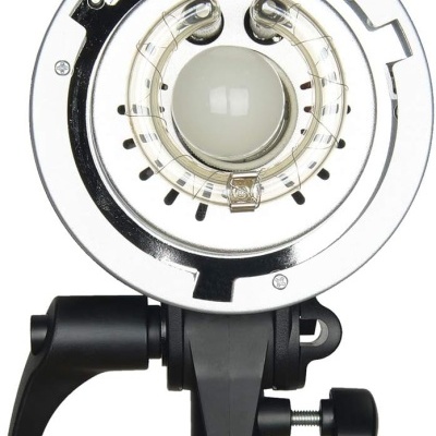 Luz circular de estúdio fotográfico com tubo de flash em metal prateado e suporte preto