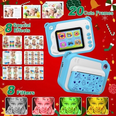 Máquina fotográfica azul para crianças com ecrã digital e filtros em fundo vermelho natalício