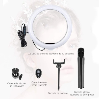 Conjunto de luz LED de anel, tripé, suporte para telefone e controlo remoto Bluetooth para fotografia