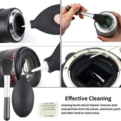 Kit de limpeza para objetiva de câmara com pera de ar, pincel e panos