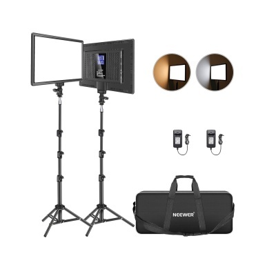 Kit de iluminação LED com tripés, controladores remotos e bolsa de transporte preta