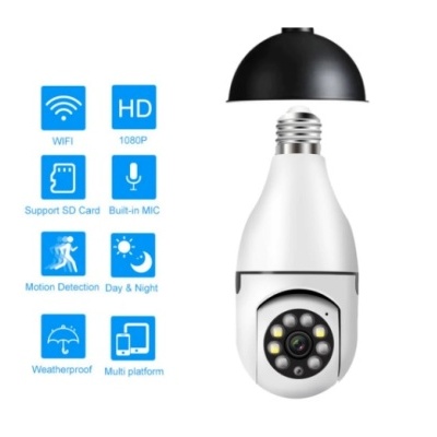 Câmara de vigilância em formato de lâmpada com ícones azuis a indicar funcionalidades