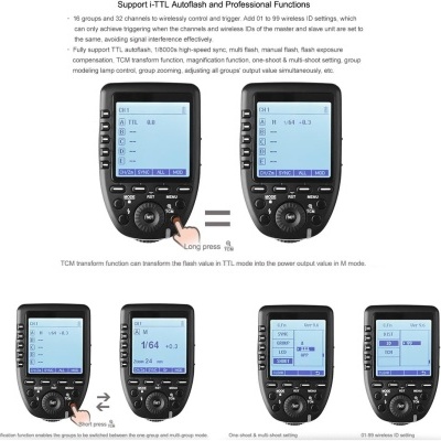 Controladores de flash de câmera digitais pretos com ecrã azul e texto em inglês