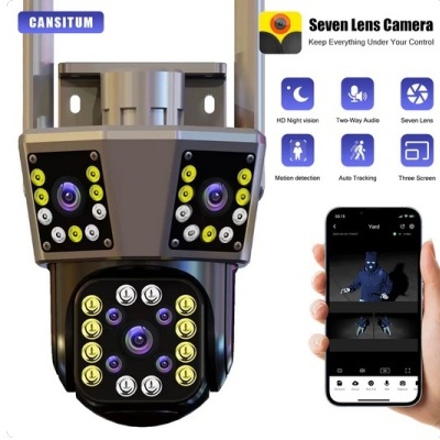 Câmara de segurança CANSTIUM com várias lentes e LEDs, lado a lado com smartphone mostrando app de vigilância