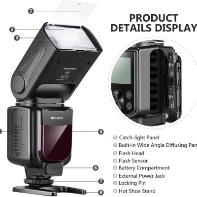 Dispositivo de flash fotográfico Neewer preto com partes numeradas e descritas