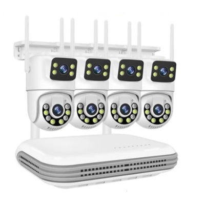 Conjunto de câmaras de vigilância e dispositivo branco com antenas