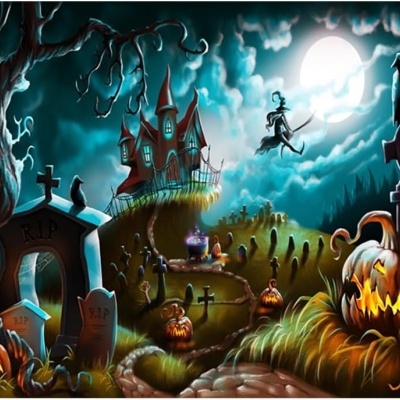 Ilustração de Halloween com cemitério, abóboras iluminadas, casa assombrada e figura esquelética voando