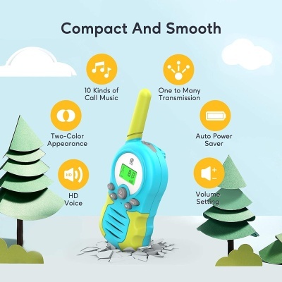 Walkie-talkie azul e amarelo com gráficos de características e árvores cartoon no fundo