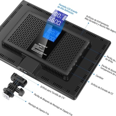 painel de luz LED preto com visor LCD azul e suporte de montagem