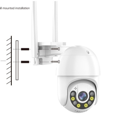 Câmara de segurança branca com antenas e LEDs montada na parede