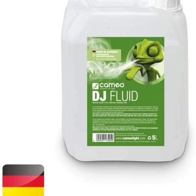 Recipiente plástico branco de 5L com etiqueta verde cameo DJ FLUID e imagem de camaleão verde emitindo vapor