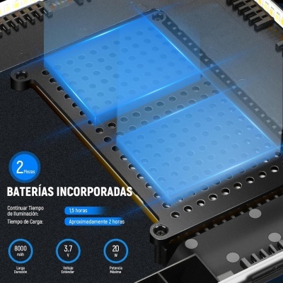 Módulo eletrônico com luz azul e texto sobre baterias e especificações