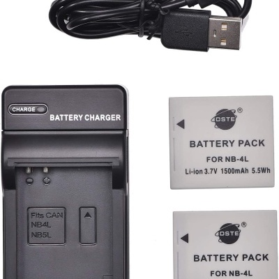 Carregador de bateria preto, cabo USB preto e duas baterias brancas DSTÉ para NB-4L