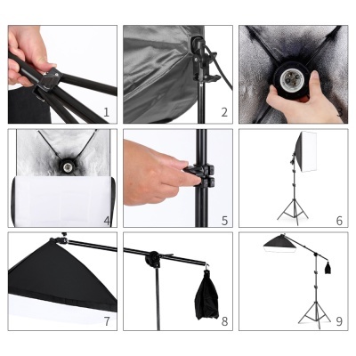 Softbox para fotografia com estrutura preta e interior prateado em diferentes ângulos.