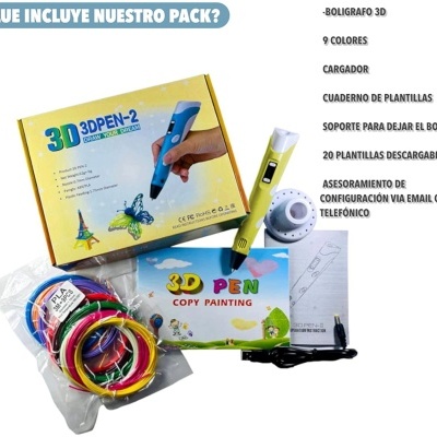 Kit 3D pen com filamentos coloridos, caixa amarela e acessórios sobre fundo branco