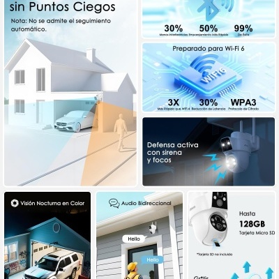 Imagem informativa sobre câmeras de segurança com cobertura 360º, Bluetooth, Wi-Fi 6, visão noturna e áudio bidirecional