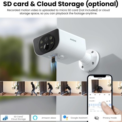 Câmara de segurança ADSEE branca com lente preta montada na parede, mostrando vídeo de vigilância numa aplicação móvel