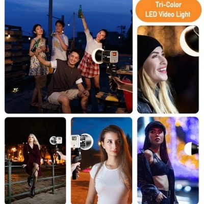 Pessoas em ambientes noturnos com luz LED Tri-Color Video Light