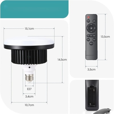 Lâmpada LED com base E27 e comando remoto com compartimento de pilhas.