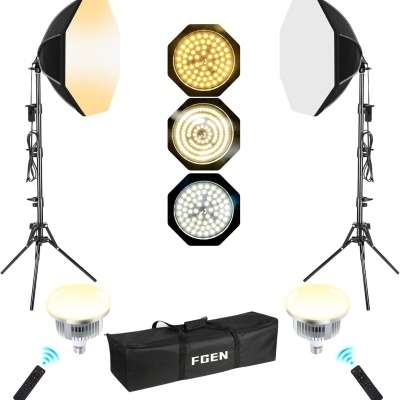 Kit de iluminação fotográfica com softboxes octogonais, lâmpadas LED, controles remotos e mala preta