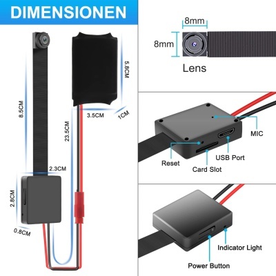 Microcâmara preta com cabo e dimensões, botões e portas rotulados