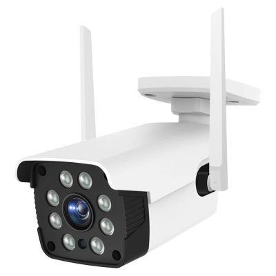 câmara de vigilância exterior branca com antenas e LEDs