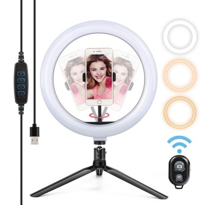 Anel de luz LED branco com tripé preto e suporte para telemóvel