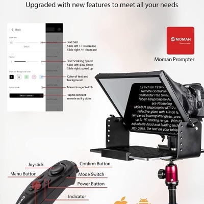 Teleprompter preto montado num tripé com comando Bluetooth e texto explicativo em fundo branco.