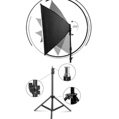 Softbox preto em tripé ajustável com indicação de rotação 270 graus.