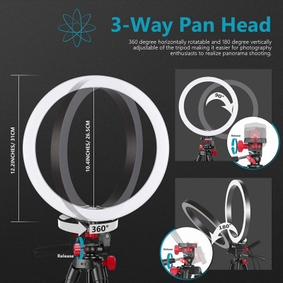 Tripé com luz circular branca e cabeça giratória ajustável para fotografia