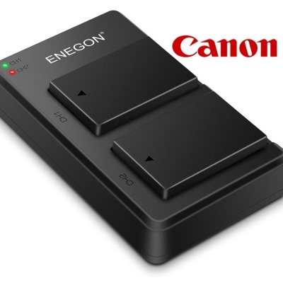 Carregador preto ENEGON com duas ranhuras e logo Canon vermelho ao lado