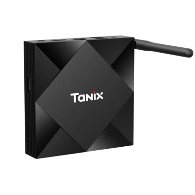 Aparelho eletrônico preto Tanix com antena externa e textura geométrica