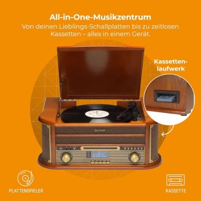 Aparelho de música vintage com gira-discos e leitor de cassetes em fundo laranja