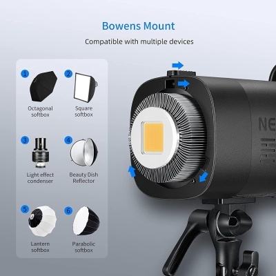 Equipamento de iluminação fotográfica preto com montagem Bowens e acessórios variados