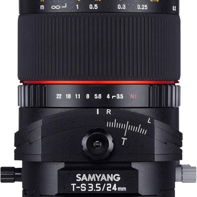 Lente de câmera Samyang T-S 3.5/24mm preta com anéis de ajuste e marcações.
