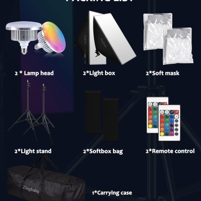 Lista de embalagem de equipamento de iluminação fotográfica com várias peças enumeradas