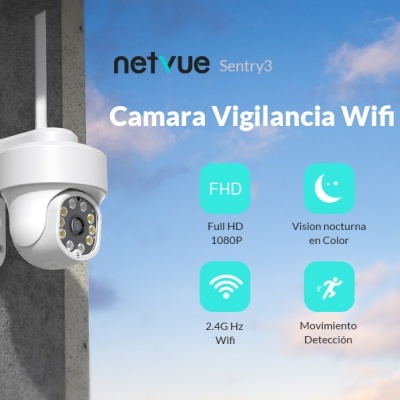 Câmara de vigilância WiFi branca montada numa parede com texto sobre funcionalidades ao lado