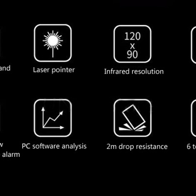 Ícones de características de produto em fundo preto