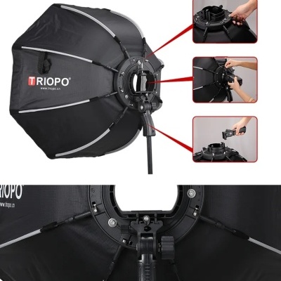 Difusor de luz hexagonal preto TRIOPO com mecanismo de montagem detalhado