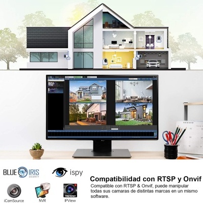 Monitor com imagens de câmaras de segurança a mostrar uma casa branca moderna com vidro e garagem