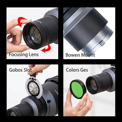 Diferentes partes e funções de uma lente fotográfica preta com detalhes metálicos e filtros coloridos em fundo branco.